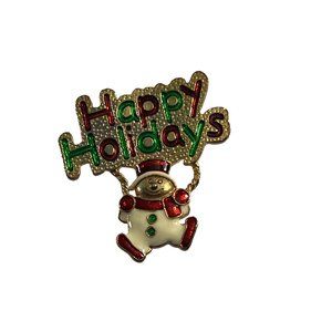 Happy Holidays Swinging Snowman Christmas Brooch Pin White Red Green Enamel
